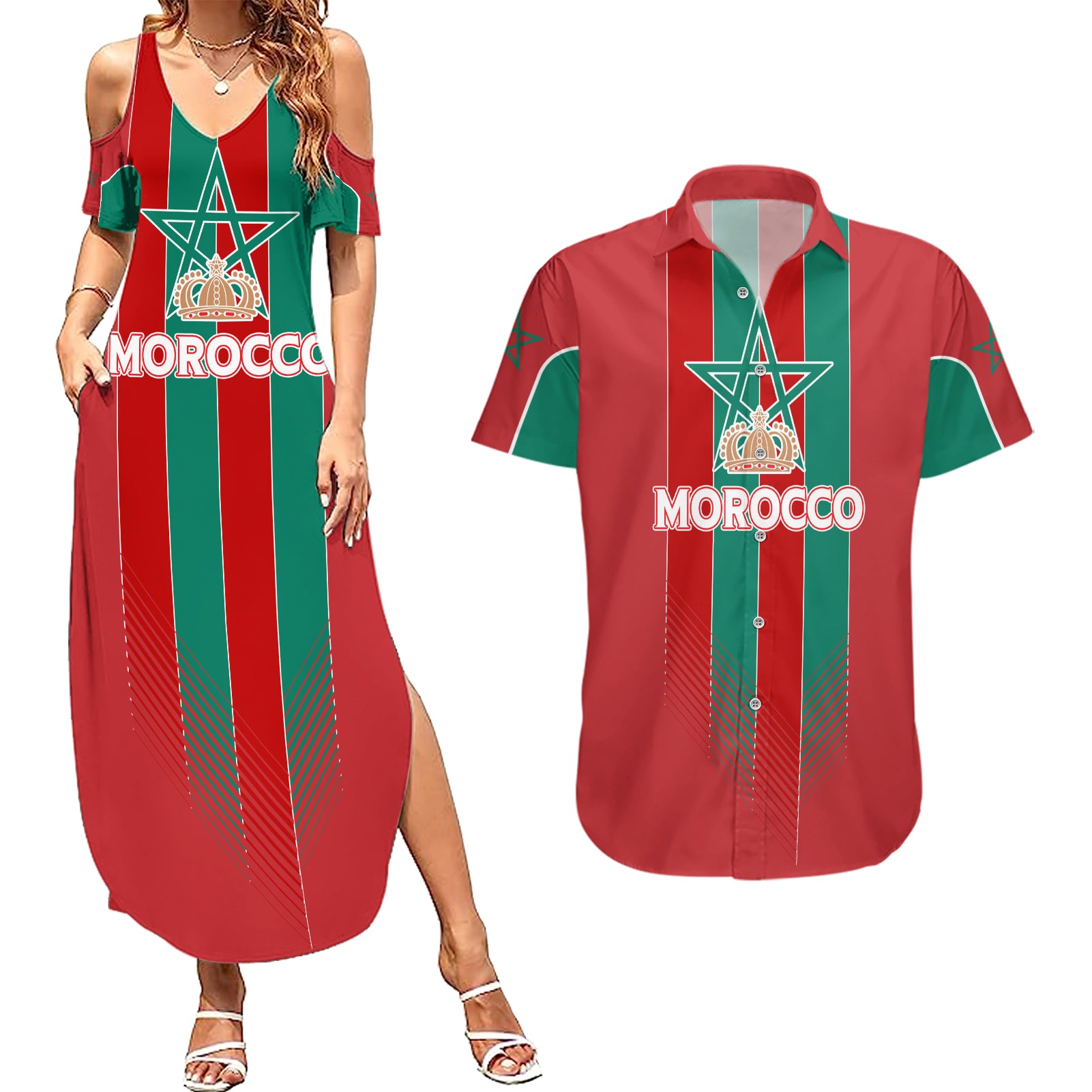 Custom Morocco Football Couples Matching Summer Maxi Dress and Hawaiian Shirt Nations Cup 2024 Atlas Lions