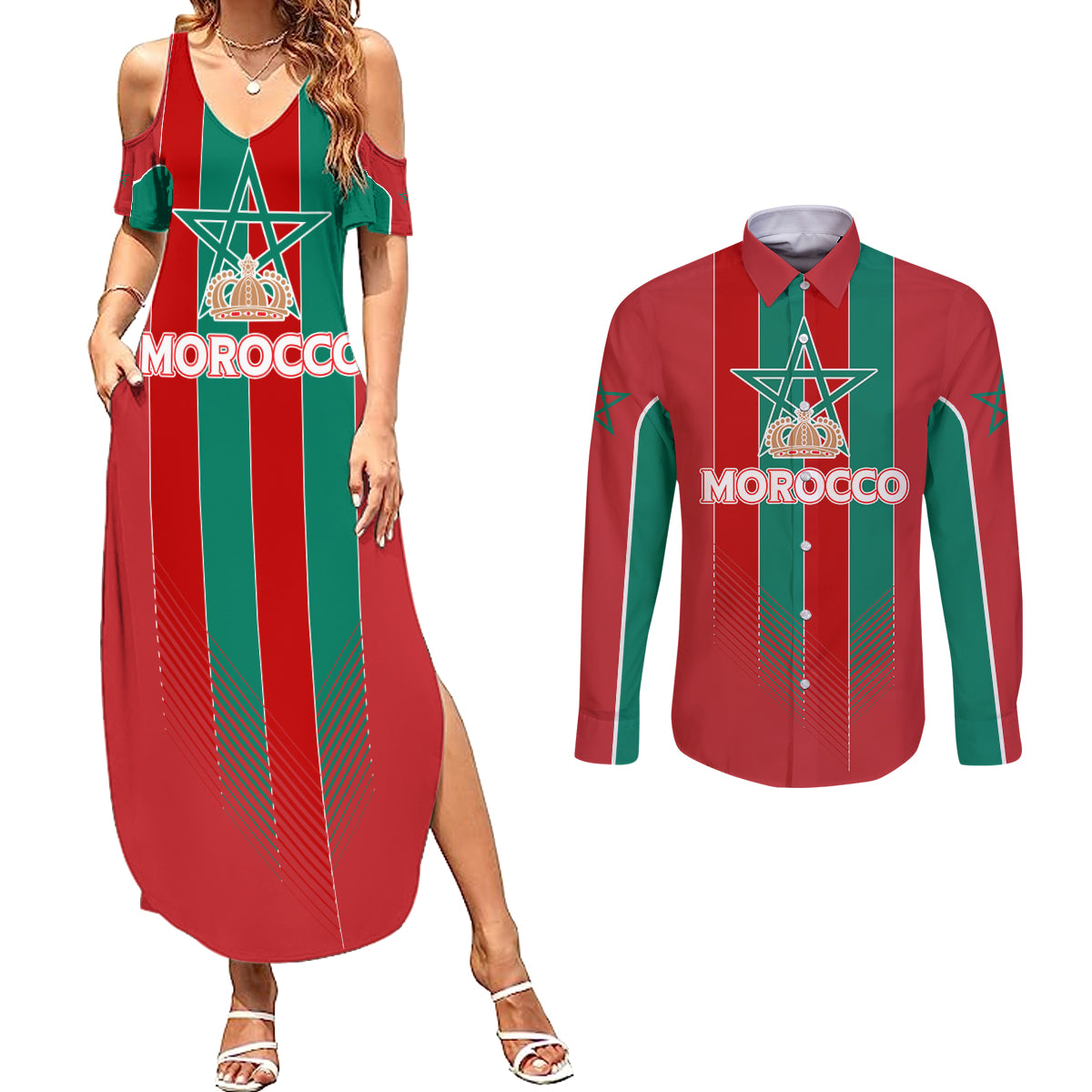 Custom Morocco Football Couples Matching Summer Maxi Dress and Long Sleeve Button Shirt Nations Cup 2024 Atlas Lions