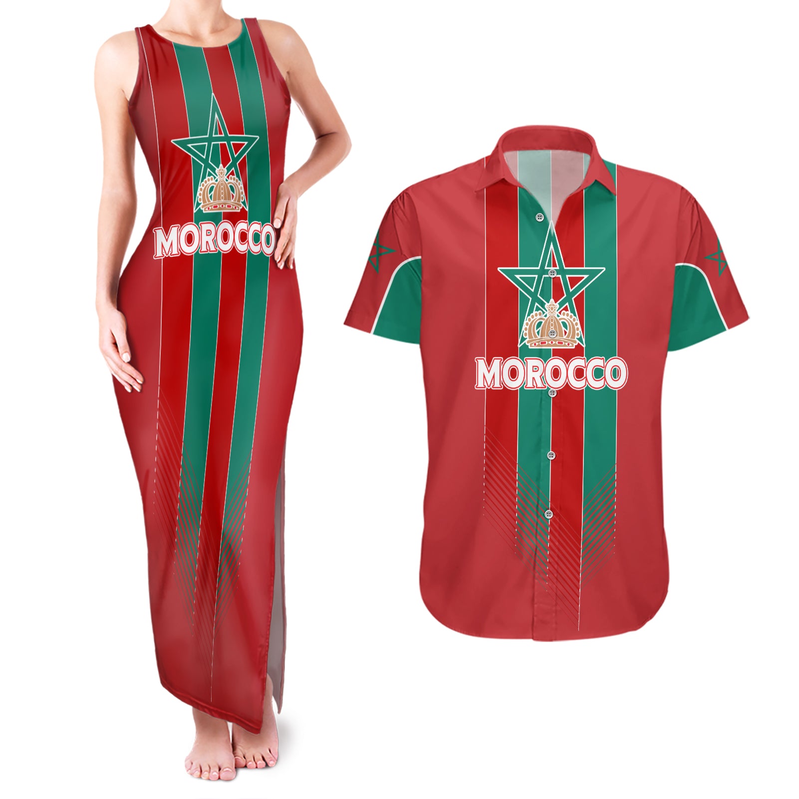 Custom Morocco Football Couples Matching Tank Maxi Dress and Hawaiian Shirt Nations Cup 2024 Atlas Lions