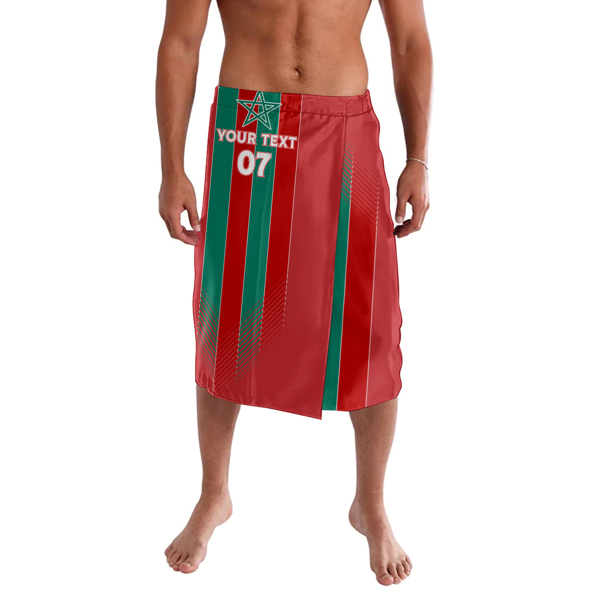 Red football lavalava with green vertical stripes, elastic waistband and custom number panel