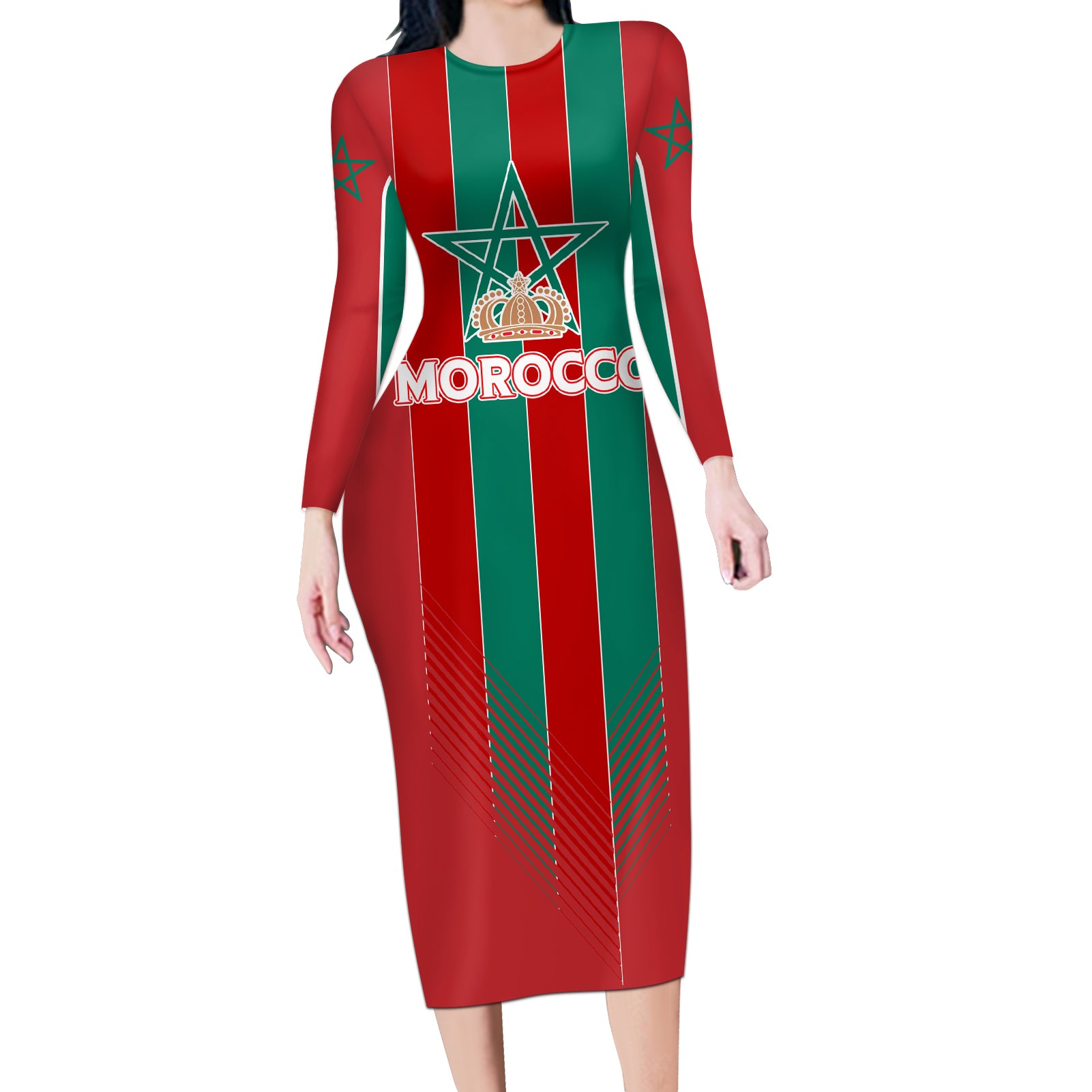 Custom Morocco Football Long Sleeve Bodycon Dress Nations Cup 2024 Atlas Lions