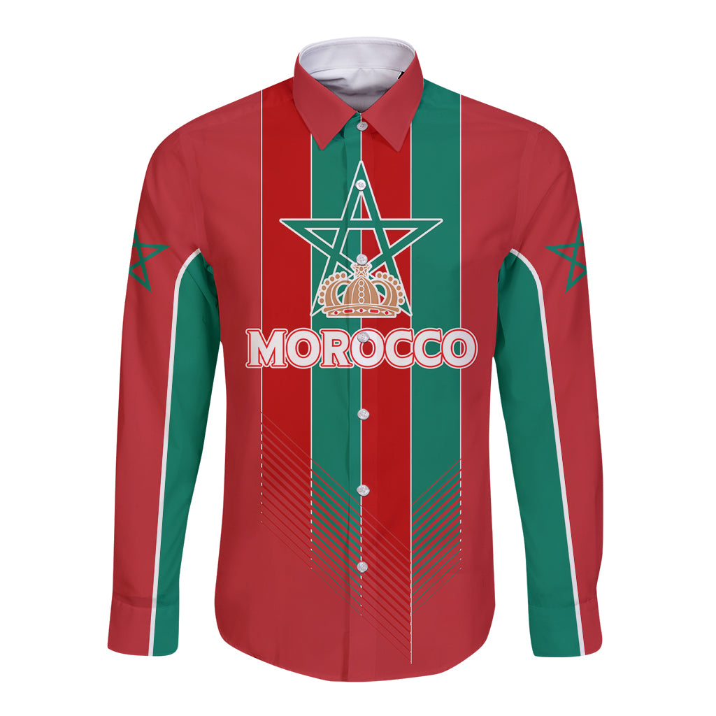 Red and green striped long sleeve button football shirt, front with Morocco crest