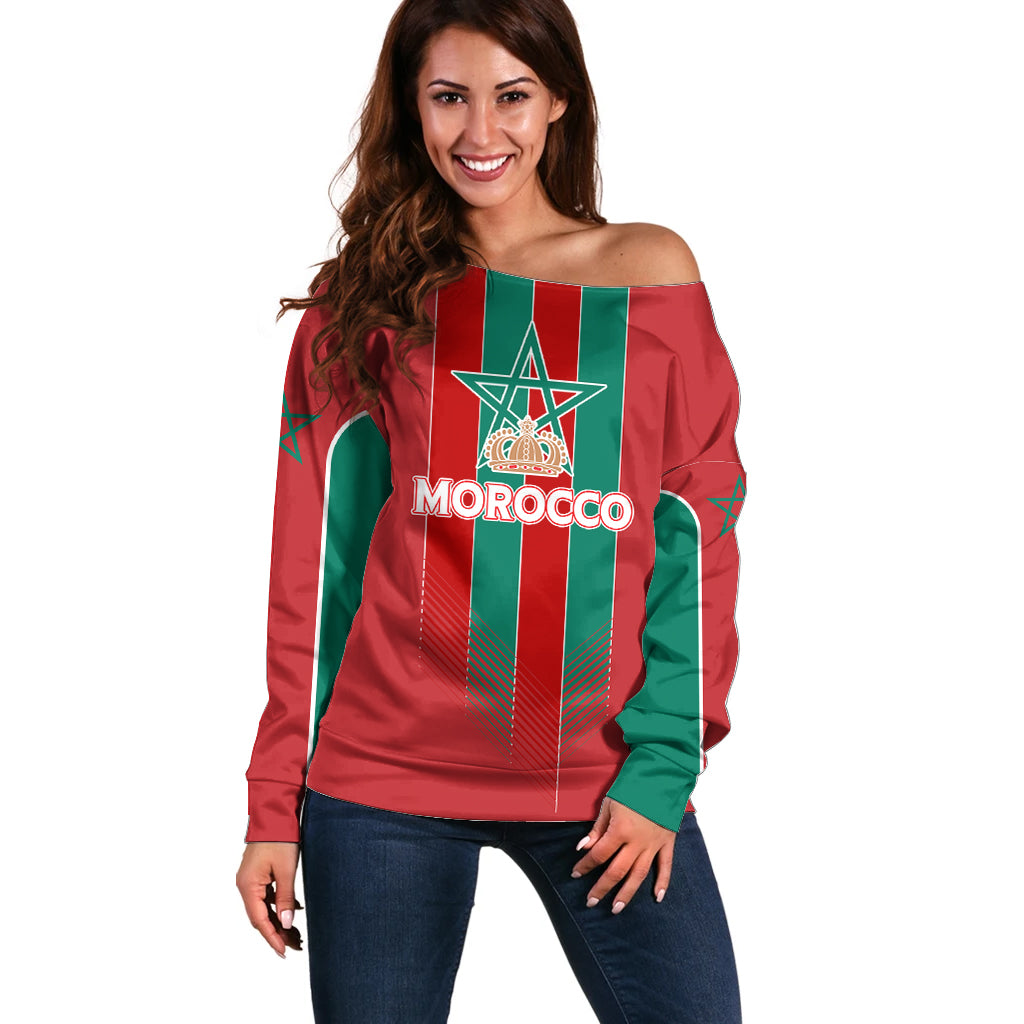 Custom Morocco Football Off Shoulder Sweater Nations Cup 2024 Atlas Lions - Wonder Print Shop