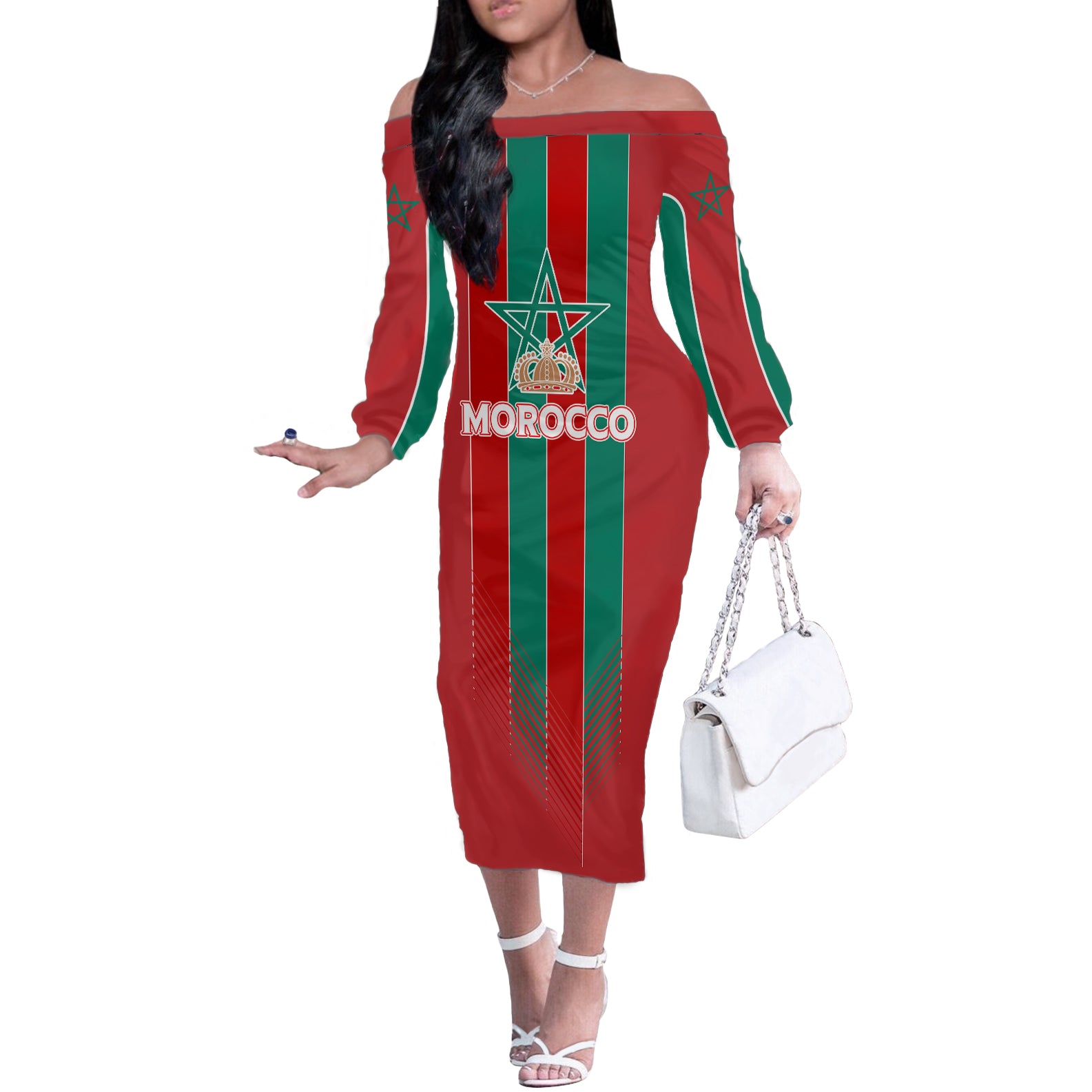 Custom Morocco Football Off The Shoulder Long Sleeve Dress Nations Cup 2024 Atlas Lions