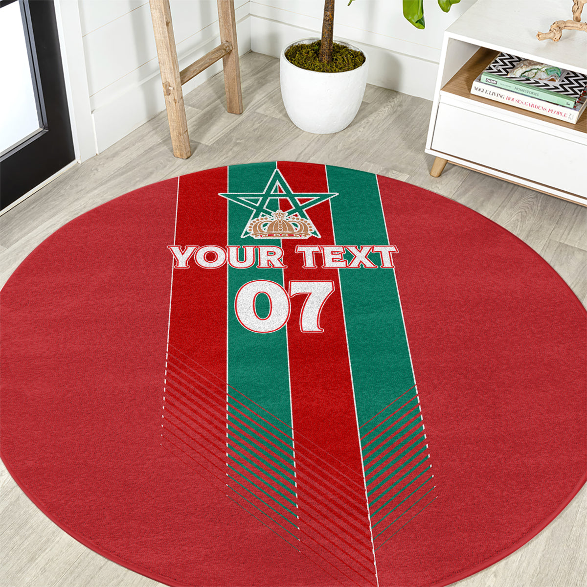 Red round rug with green vertical crest panel, Moroccan star, and custom text '07'
