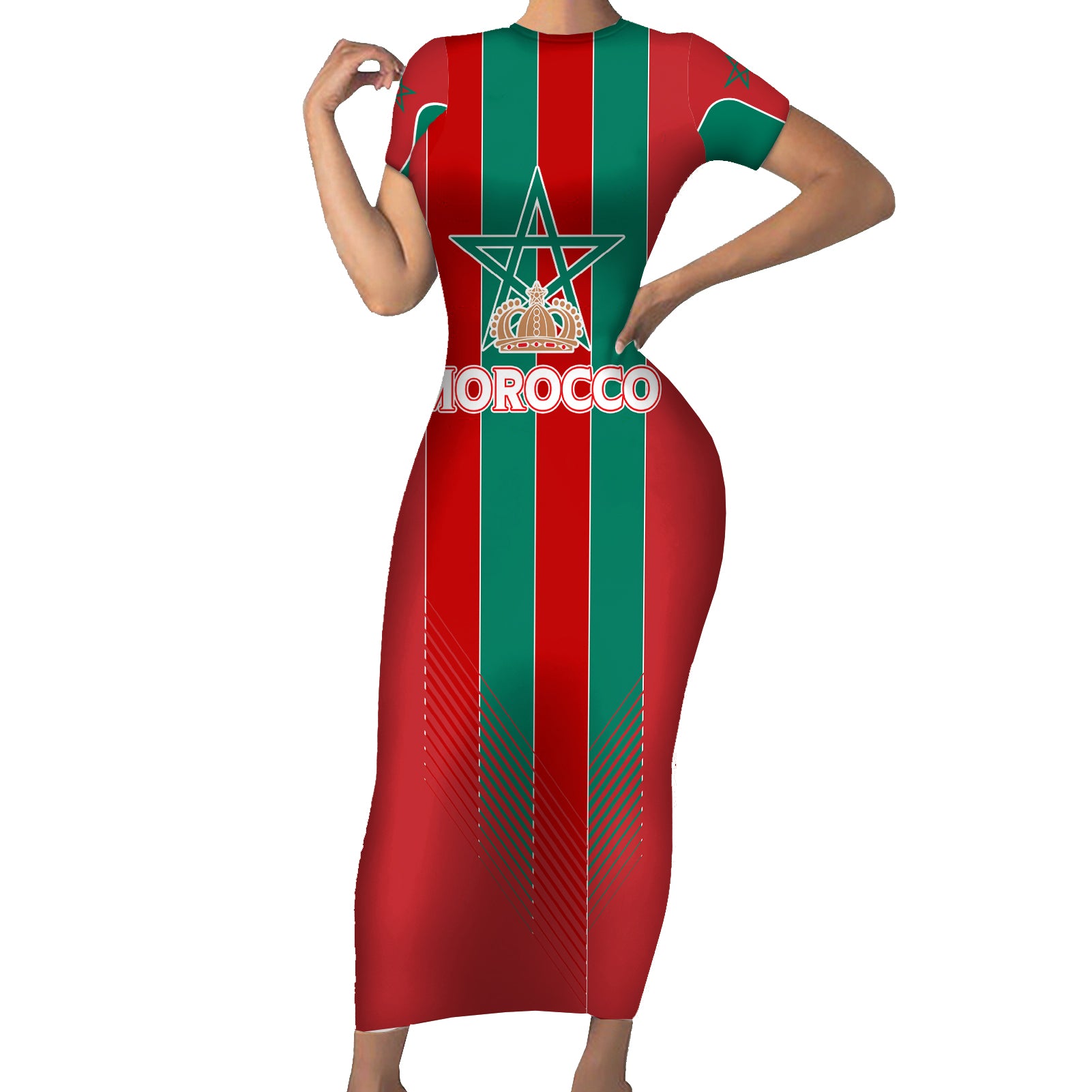 Custom Morocco Football Short Sleeve Bodycon Dress Nations Cup 2024 Atlas Lions