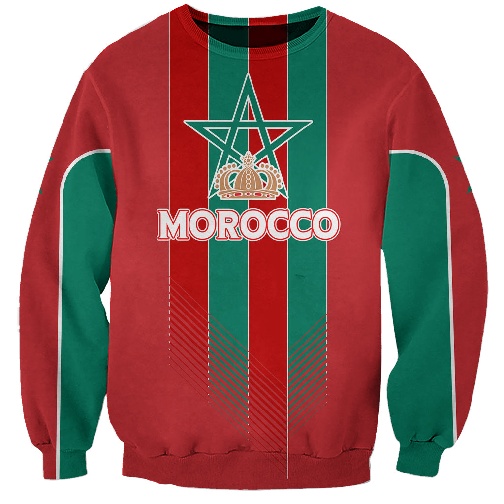 Red crewneck sweatshirt with green flag stripes and Morocco star crest, front graphic