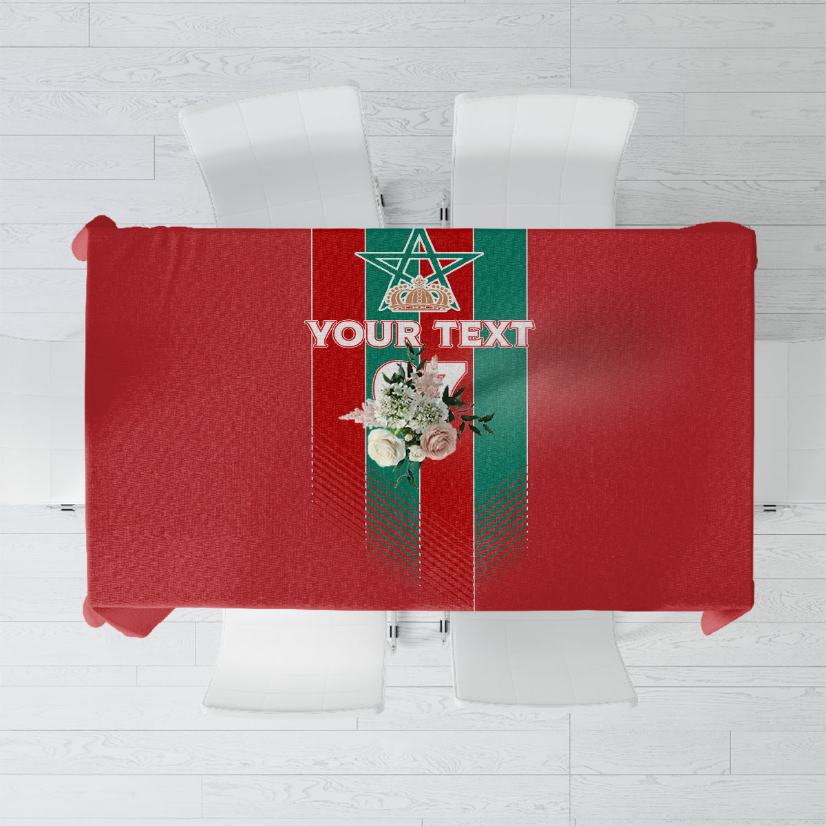 Red custom tablecloth with Morocco emblem and placeholder text panel at center