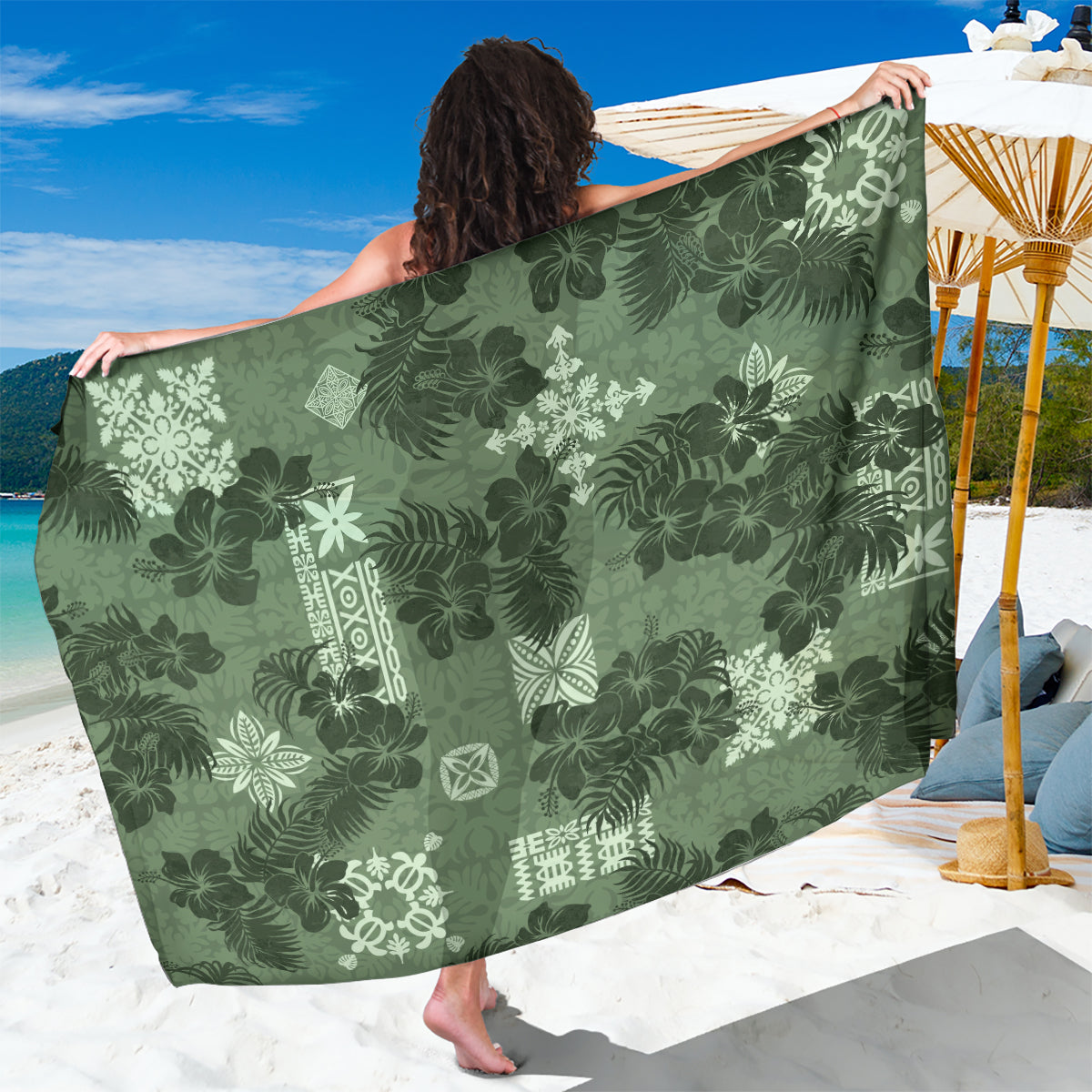 Hawaii Tapa Sarong Hibiscus Mix Hawaiian Quilt Patches - Sage Green - Wonder Print Shop