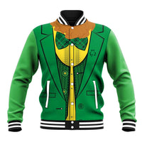 Green baseball jacket with leprechaun graphic, gold buttons, bow tie, striped rib trim