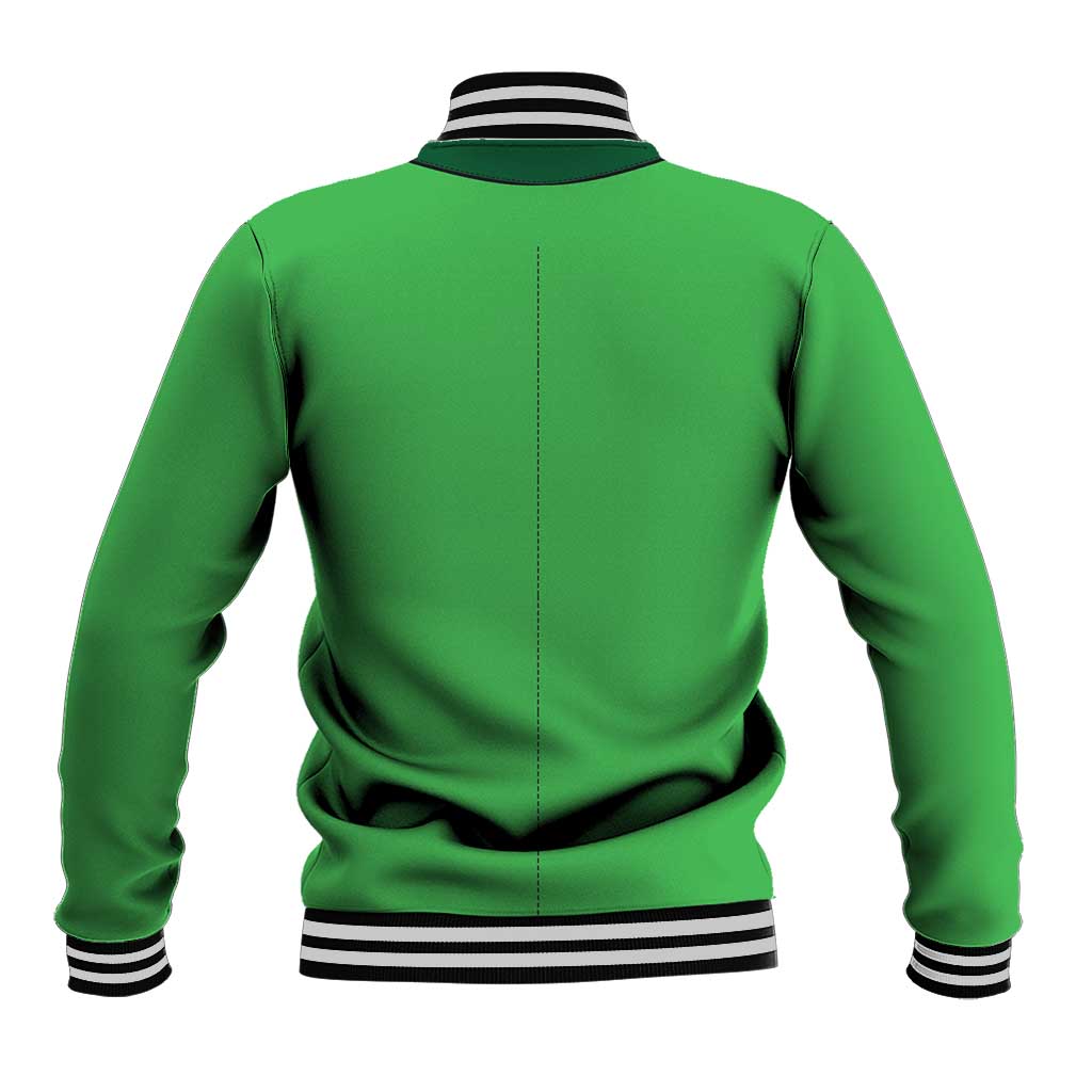 Green baseball jacket back view, striped rib collar, cuffs, and hem