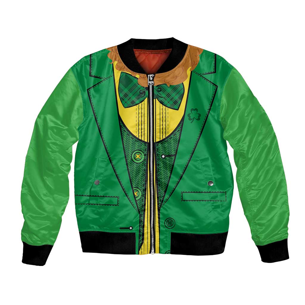 Green bomber jacket with printed leprechaun vest front and zipper, black ribbed cuffs