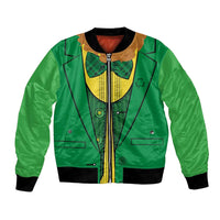 Green bomber jacket with printed leprechaun vest front and zipper, black ribbed cuffs