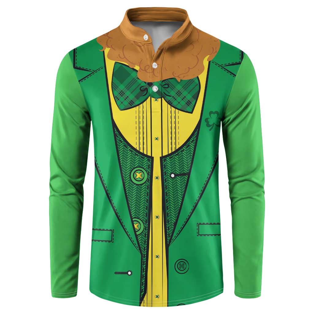St.Patrick green button sweatshirt with brown collar and vest graphic