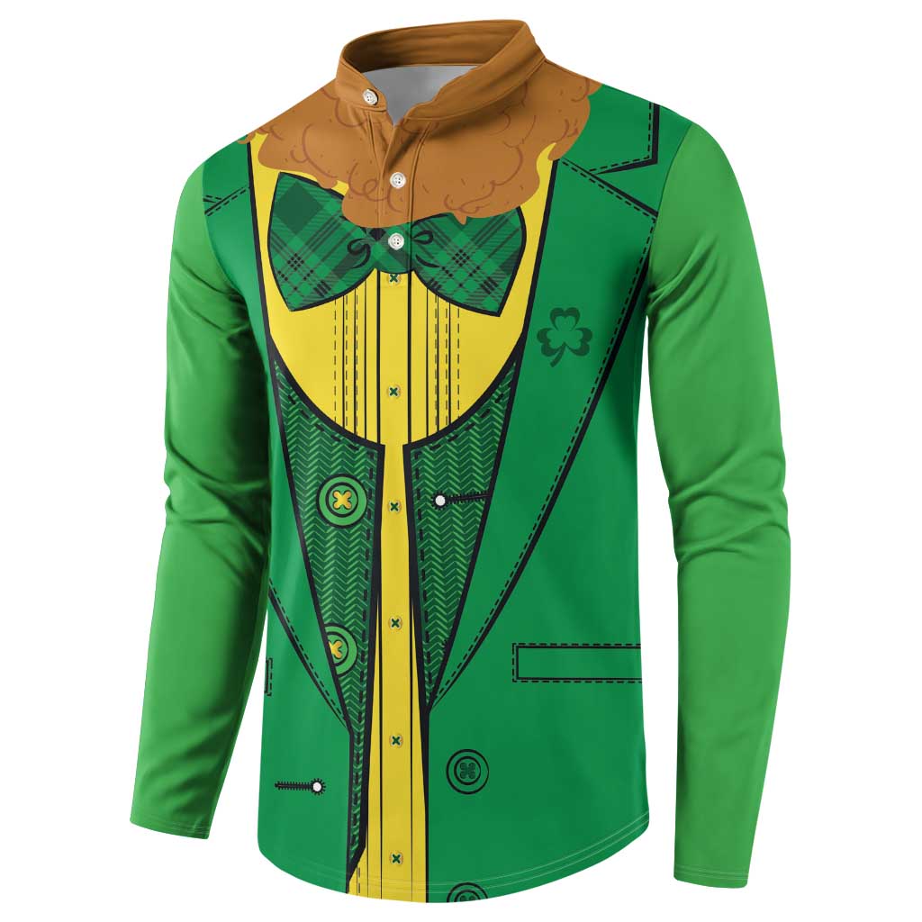 St.Patrick green button sweatshirt with brown collar, four-button placket, vest graphic