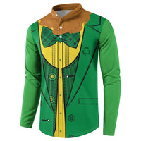 St.Patrick green button sweatshirt with brown collar, four-button placket, vest graphic