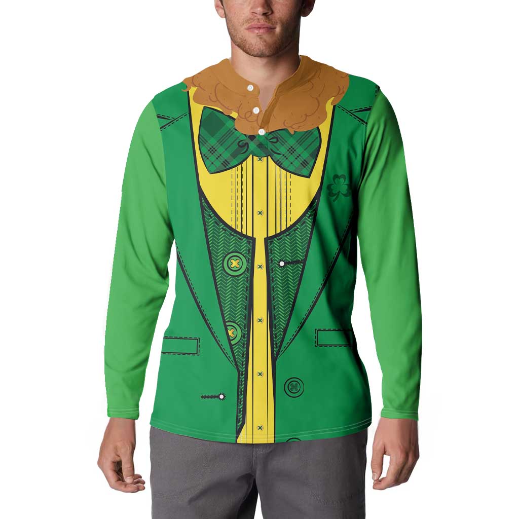 St.Patrick green button sweatshirt with brown collar and colorful vest print