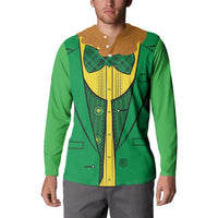 St.Patrick green button sweatshirt with brown collar and colorful vest print
