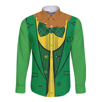 Green long-sleeve button shirt with printed leprechaun vest and bow tie design