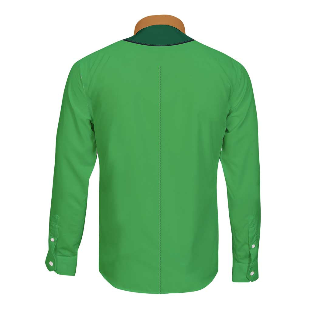 Back view of green long-sleeve button shirt with center seam
