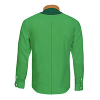Back view of green long-sleeve button shirt with center seam