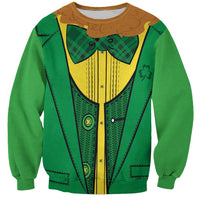 Green leprechaun-inspired sweatshirt with brown plaid vest and clover chest graphic