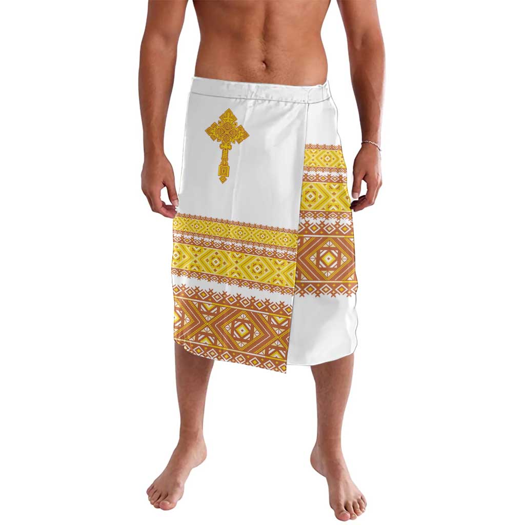 White lavalava sarong with gold geometric border and short tassel fringe