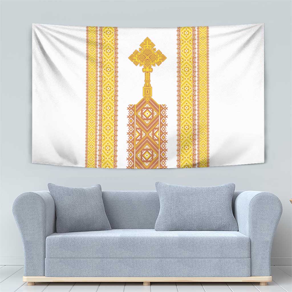 White tapestry with gold vertical bands framing a central cross and lattice design
