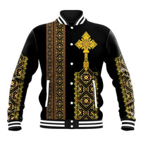 Black varsity baseball jacket with gold geometric stripe, front buttons, striped ribbed collar