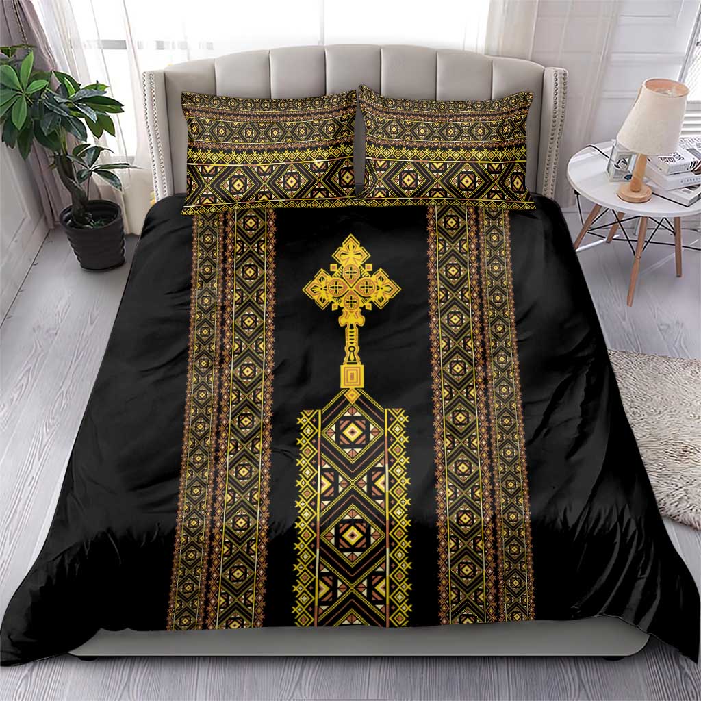 Black bedding set with gold-and-green vertical border pattern and central cross medallion