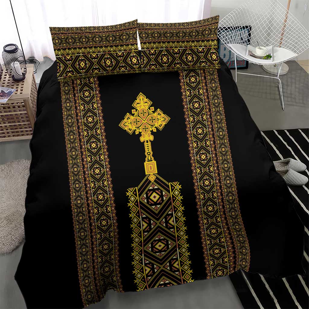 Black duvet cover with gold-and-green vertical panels and large central cross design