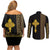 Habesha Motifs Ethiopia Couples Matching Off Shoulder Short Dress and Long Sleeve Button Shirt Tilet Black Gold