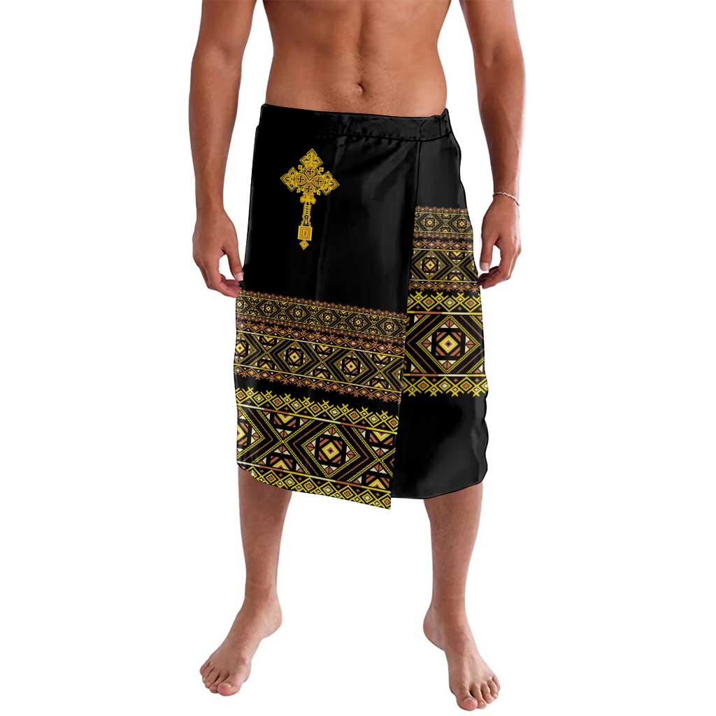Black lavalava with gold and green geometric motif panels, elastic waistband