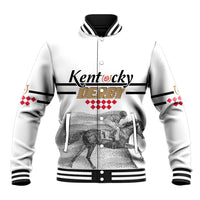 White varsity baseball jacket with black ribbed collar and cuffs, front zip, chest graphic
