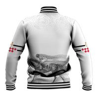 White baseball jacket with black ribbed hem and cuffs, race photo graphic on back