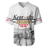 White baseball jersey front with V-neck, button placket, Kentucky Derby graphic, horse scene
