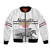 White bomber jacket with front zipper, black ribbed trim, Kentucky Derby horse graphic