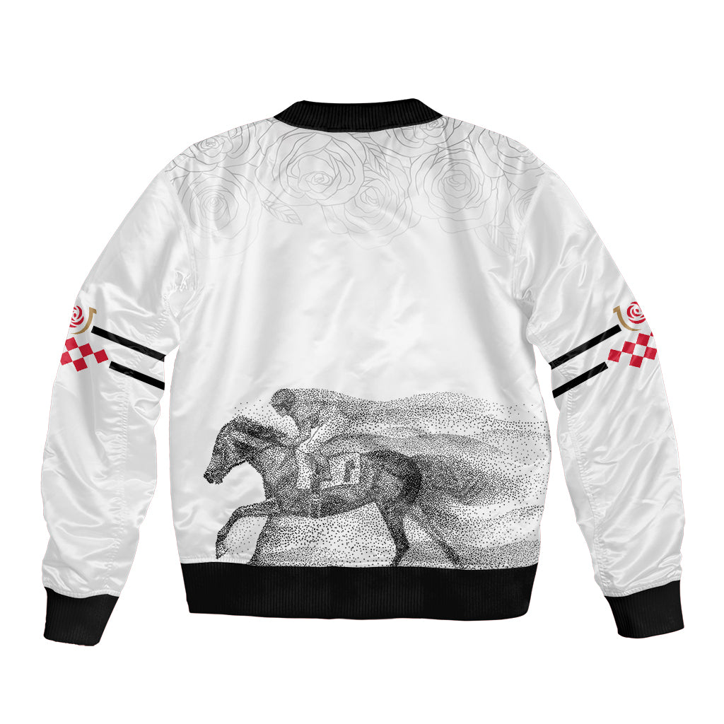 White bomber jacket with black ribbed hem and cuffs, horse graphic on back