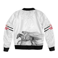 White bomber jacket with black ribbed hem and cuffs, horse graphic on back