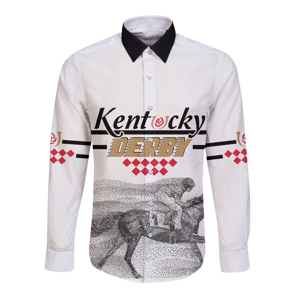 White long sleeve button shirt with dark collar and Kentucky Derby front graphic