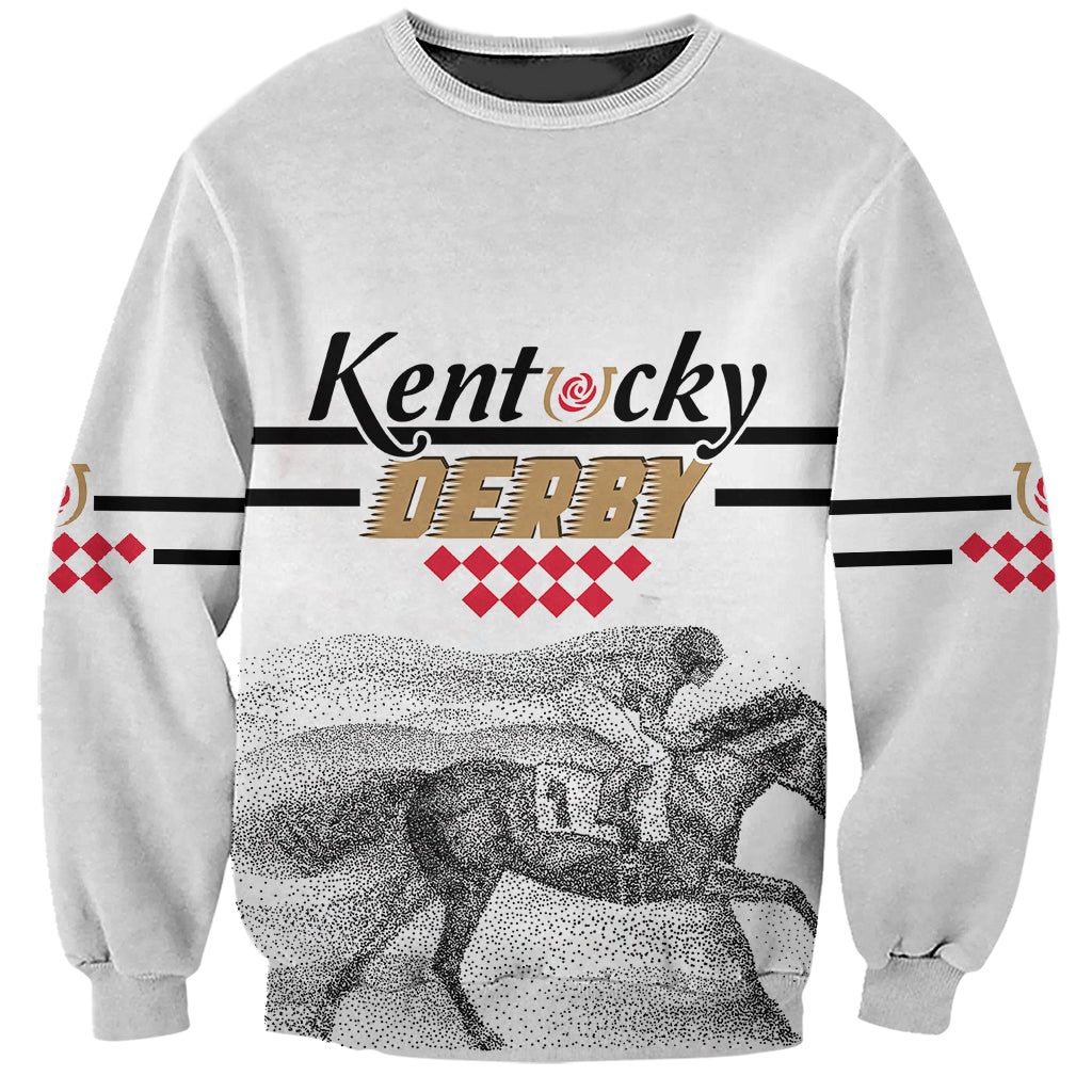 White unisex sweatshirt with front Kentucky Derby text and horse graphic
