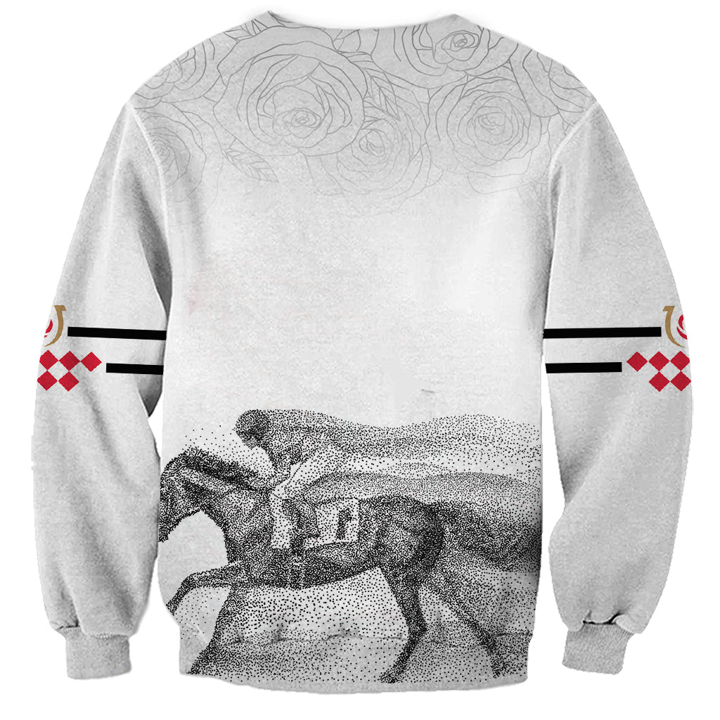 White unisex sweatshirt back with horse graphic and rose line art