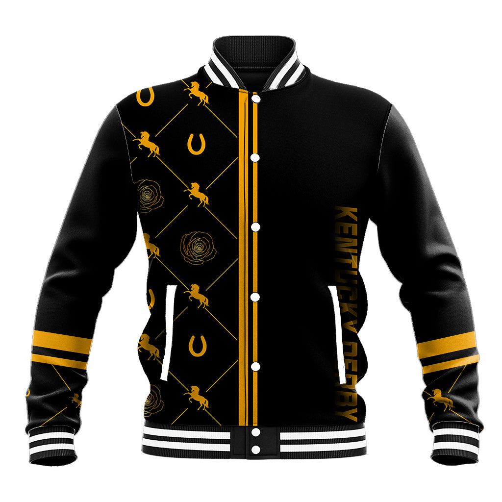 Black baseball jacket with gold zipper, white striped collar and cuffs, horse motifs
