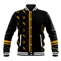 Black baseball jacket with gold zipper, white striped collar and cuffs, horse motifs