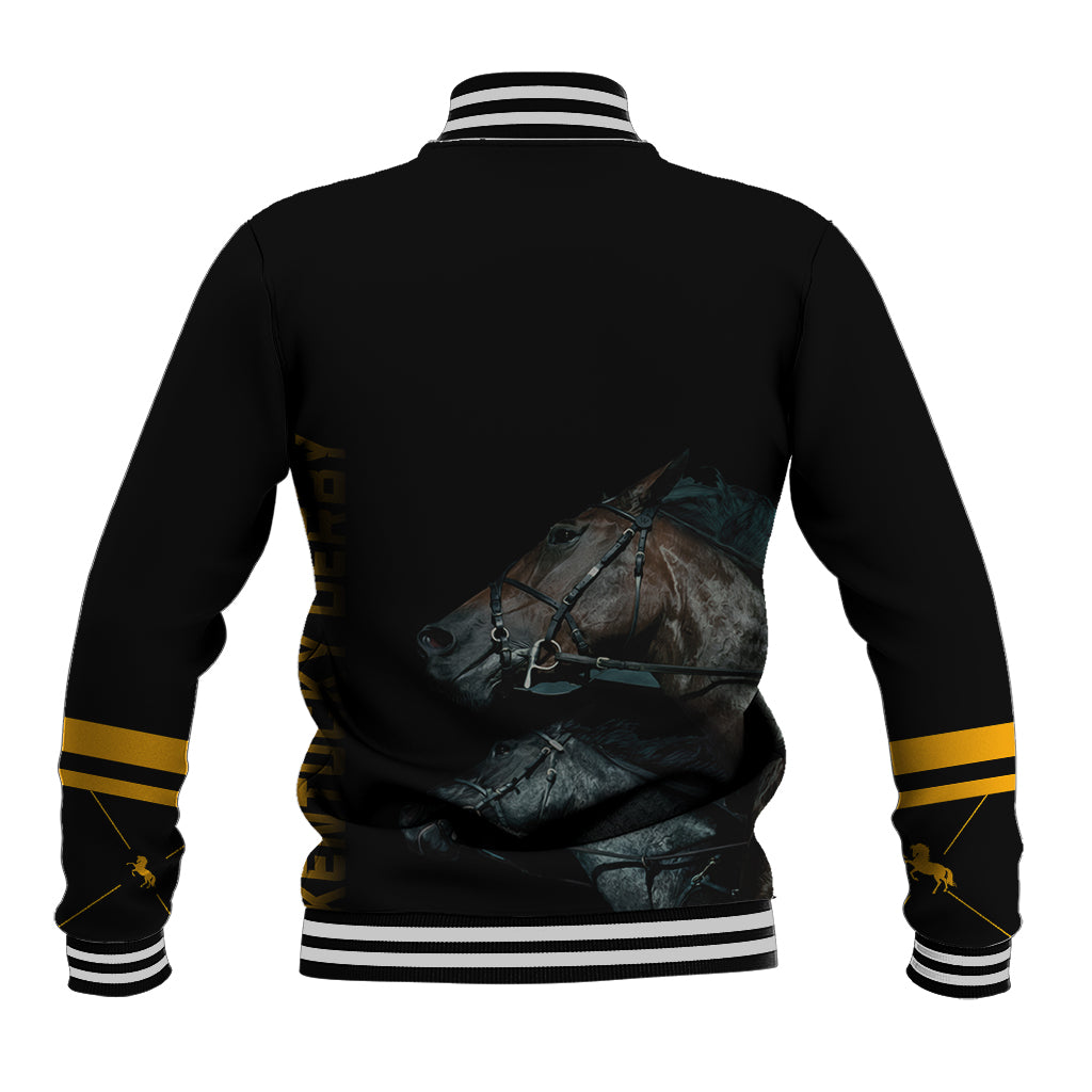 Black baseball jacket, back graphic with horse, gold sleeve stripe, white striped ribbing