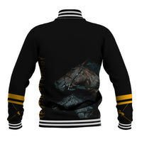 Black baseball jacket, back graphic with horse, gold sleeve stripe, white striped ribbing