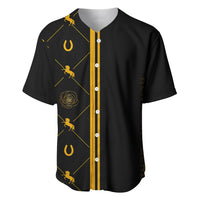Black baseball jersey with gold button placket, vertical stripe, and geometric horse pattern