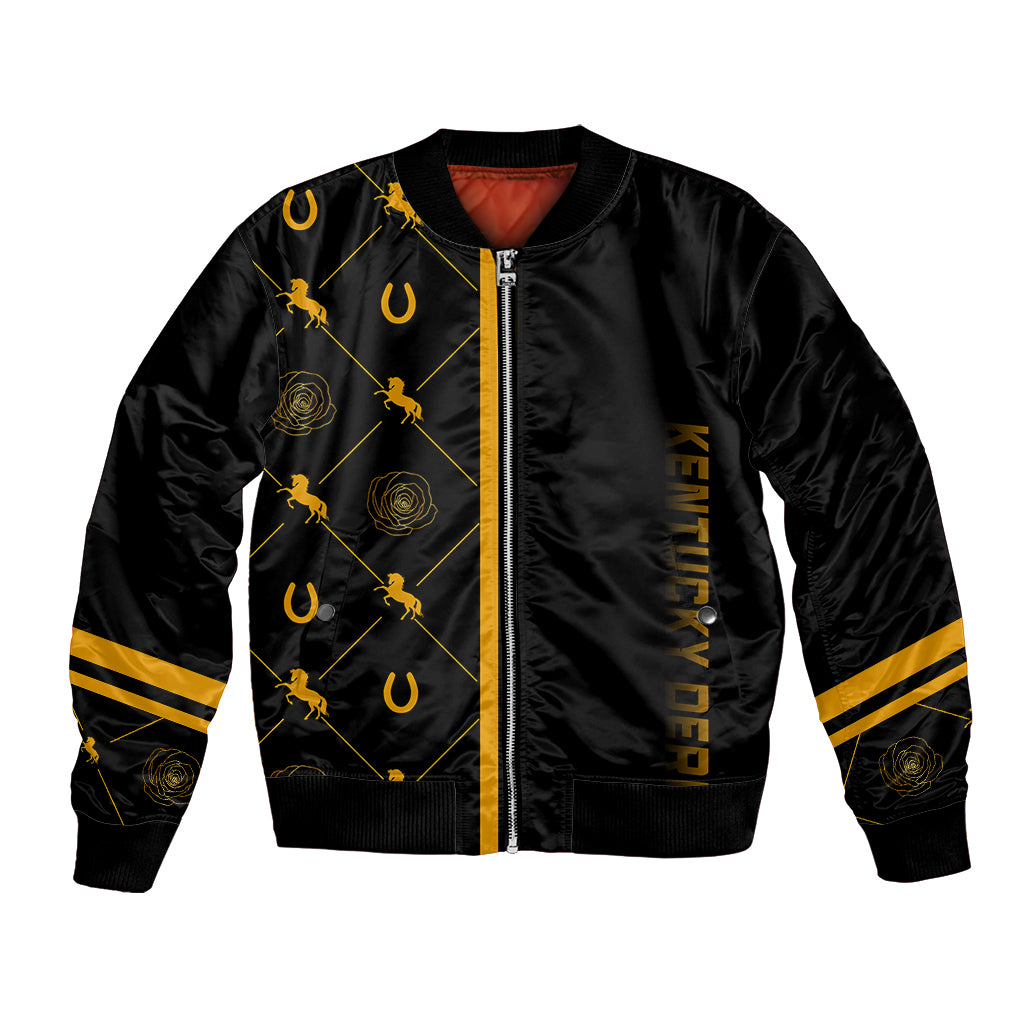 Black bomber jacket with gold trim, front zipper, and horse graphic sleeves