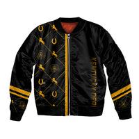 Black bomber jacket with gold trim, front zipper, and horse graphic sleeves