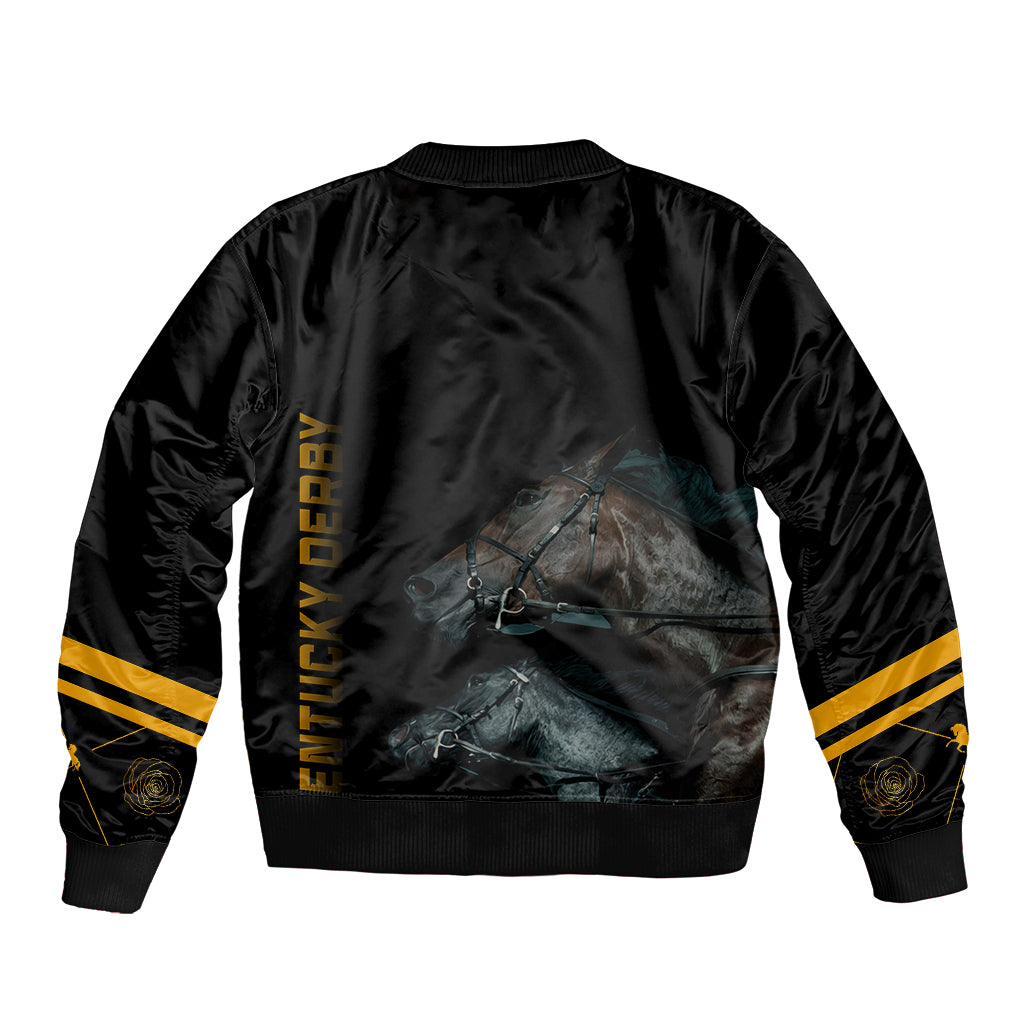 Black bomber jacket with gold striped cuffs and large back horse graphic panel